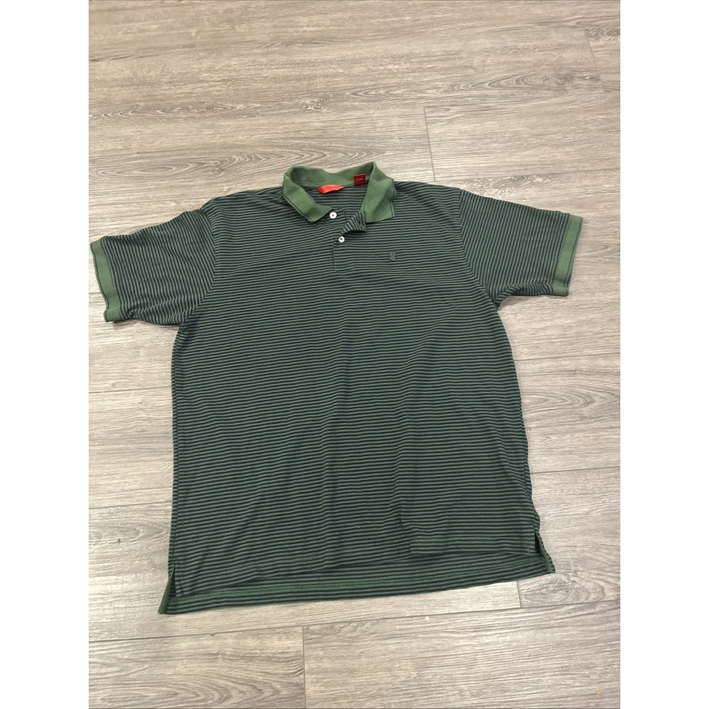 IZOD Mens Polo Shirt XL Green Navy Blue Striped Short Sleeve 100% Cotton Pique